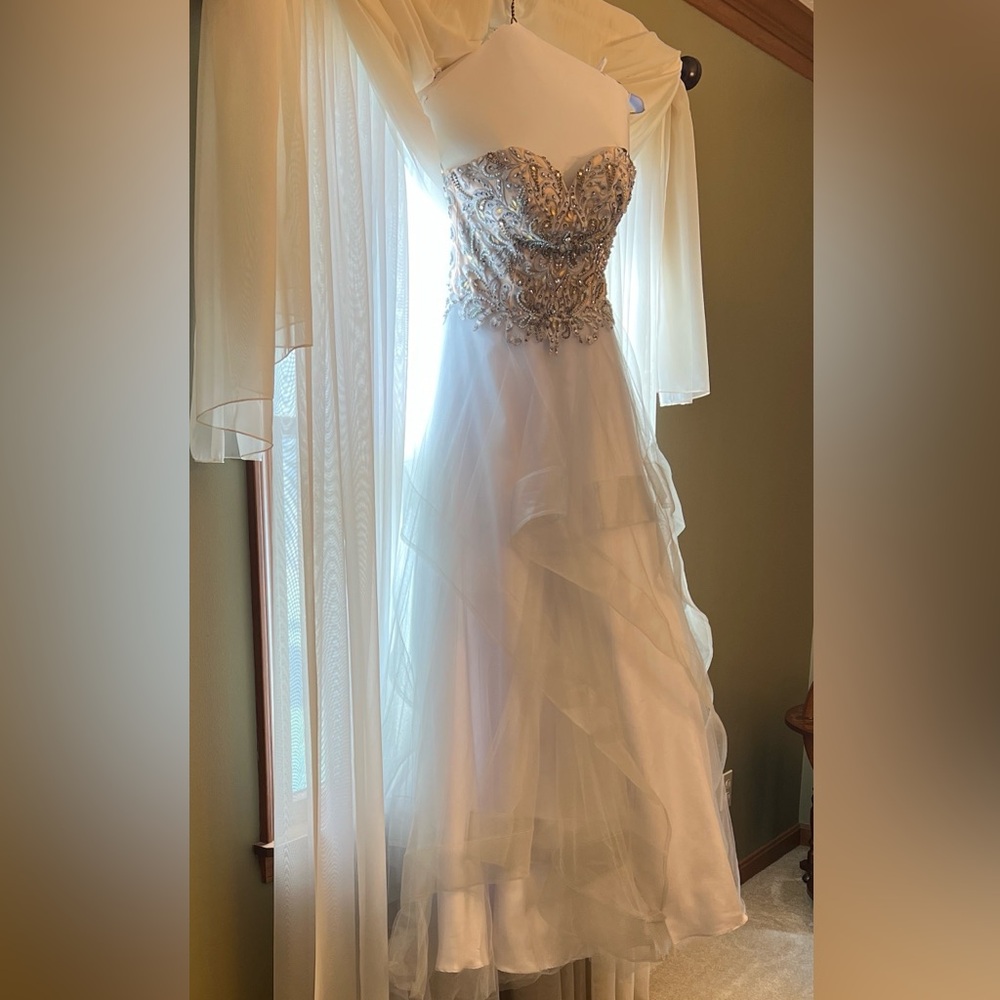 Terani Couture silver beaded and gray Strapless Prom Gown